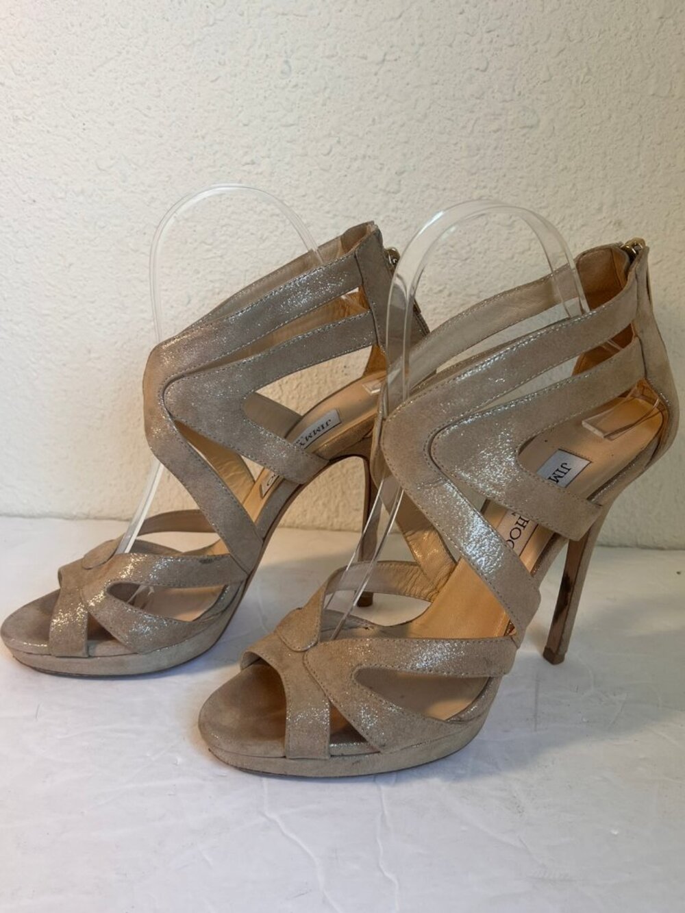Y2K VINTAGE JIMMY CHOO METALLIC LT GOLD CAGE PLATFORM SANDAL HEELS SZ 37.5 / 7.5